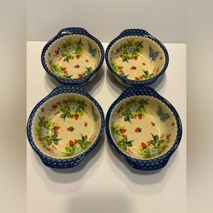 KALICH Polish Pottery UNIKAT 1085 Summer Strawberries And Butterfly Bowl Set 4